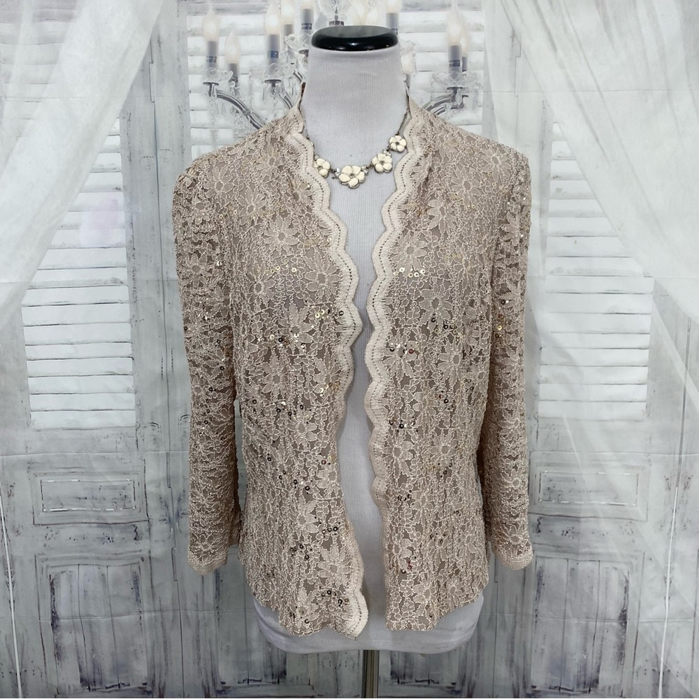 Alex Evenings Sz 14 Gold Sequin Floral Lace Cardigan Bolo 3/4 Sleeve Open Front